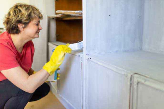 person painting cabinets