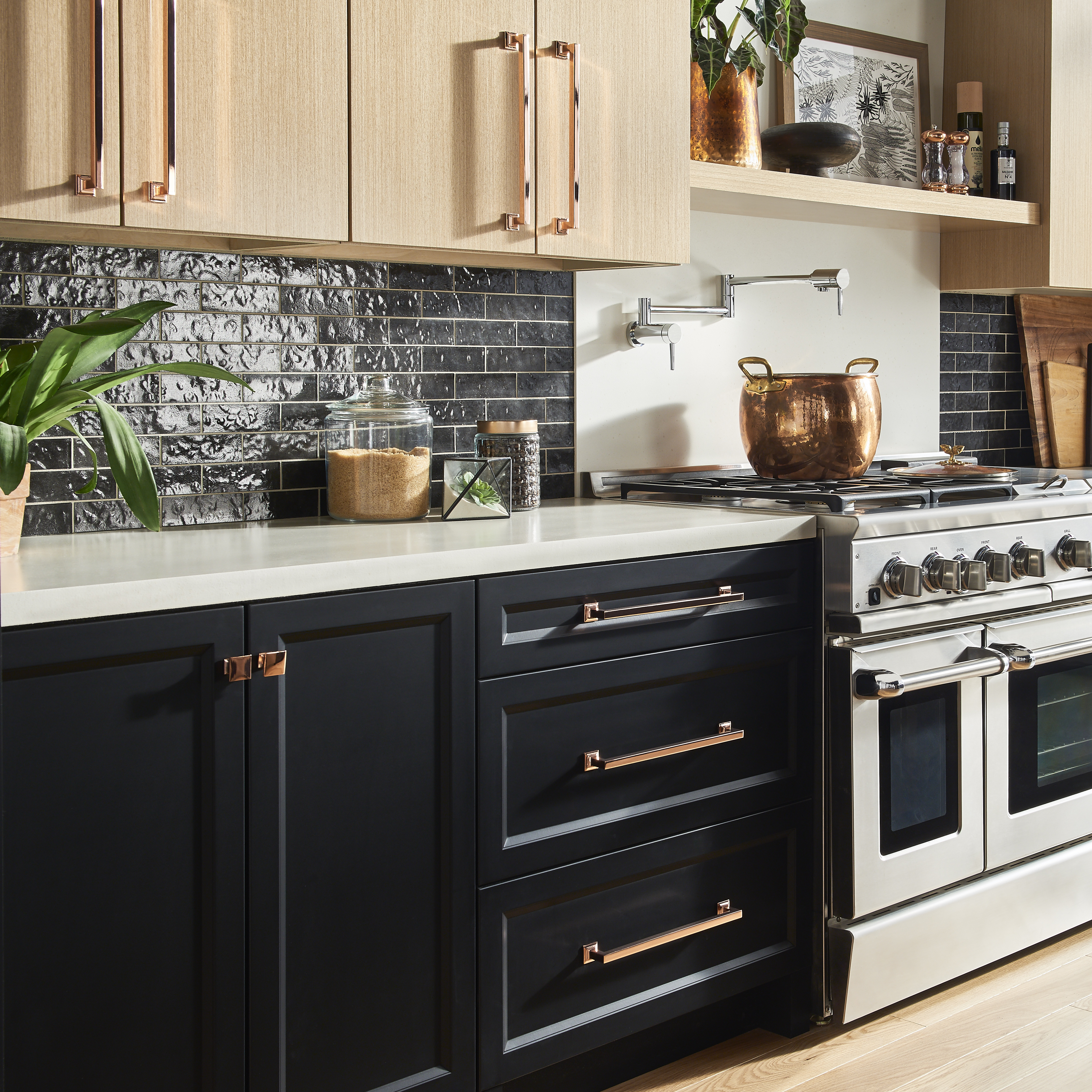 two tone black and wood kitchen