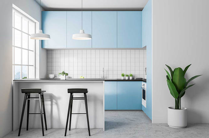 small light blue kitchen 