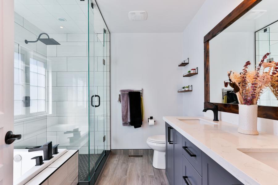 transitional bathroom with shaker style cabinets