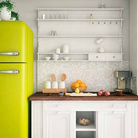 yellow fridge with white cabinets 